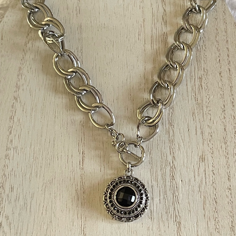 Chunky Cuban chain link with round black faceted pendant